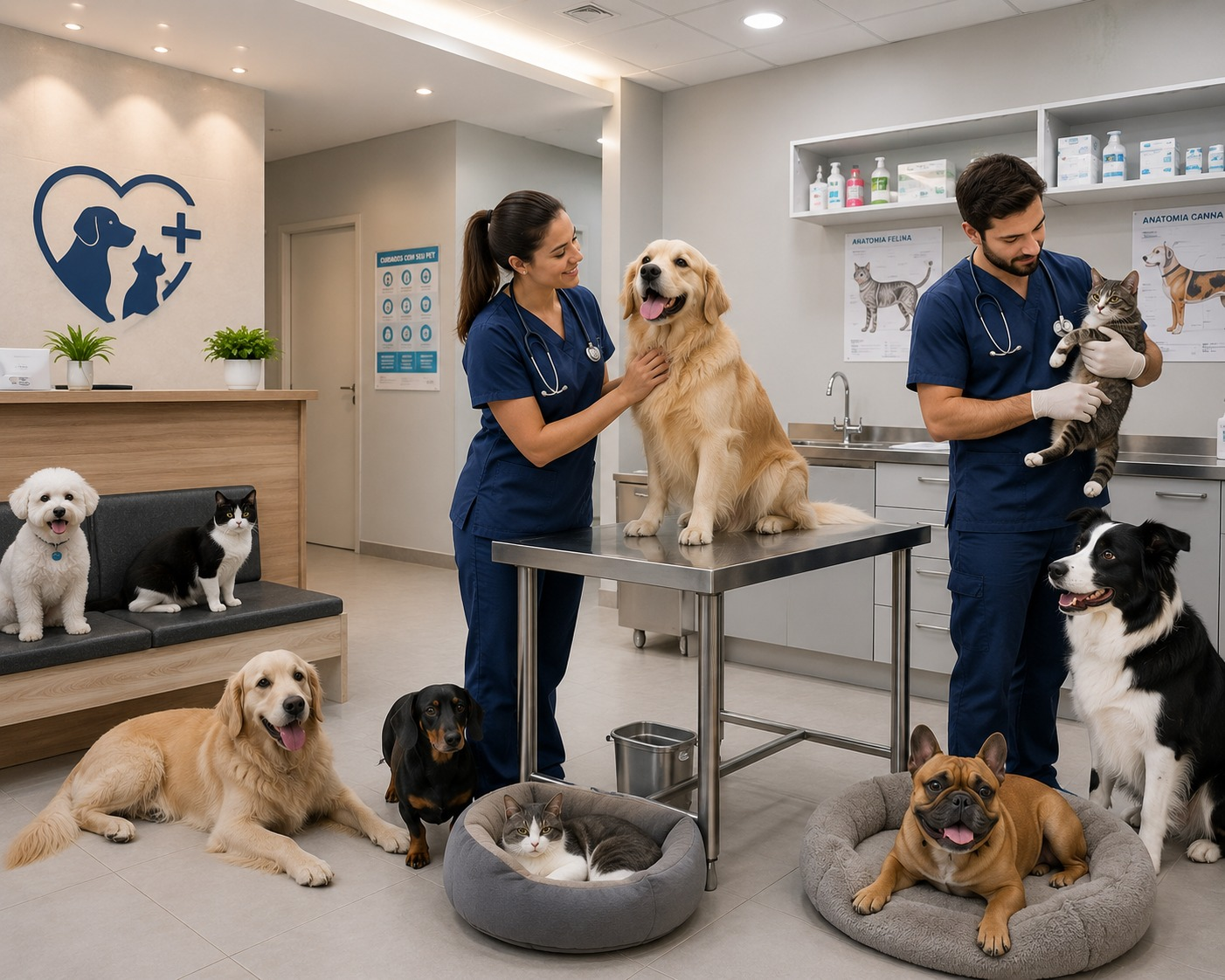 Equipe da clínica com cães na recepção