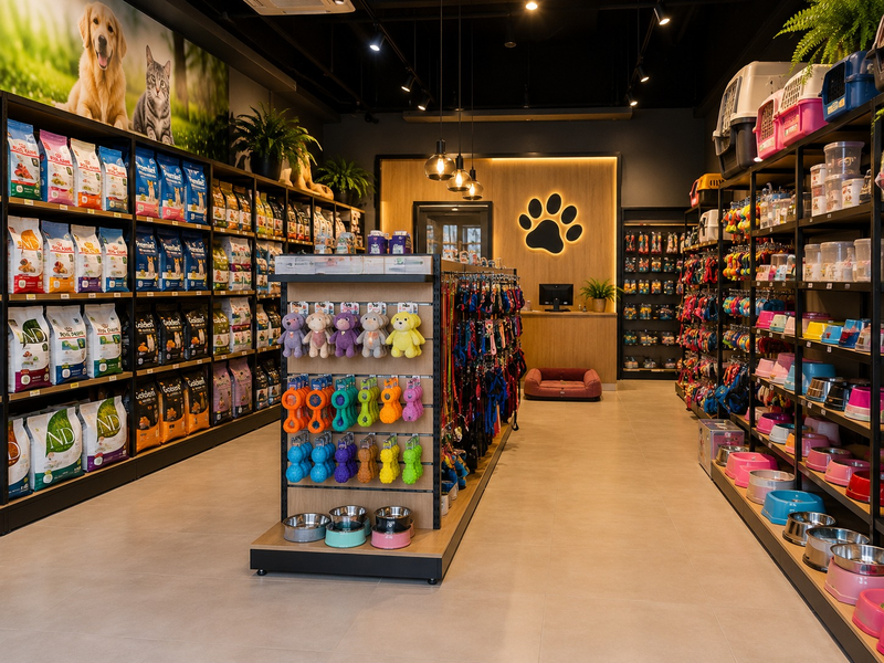 Corredor do pet shop com rações e acessórios